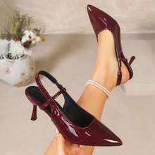 Women's High Heel Patent Leather Wine Red Pointed Toe Pumps, Stiletto Heel Sexy Backless Solid Color Elegant Party Shoes, All Season - Burgundy - View 4