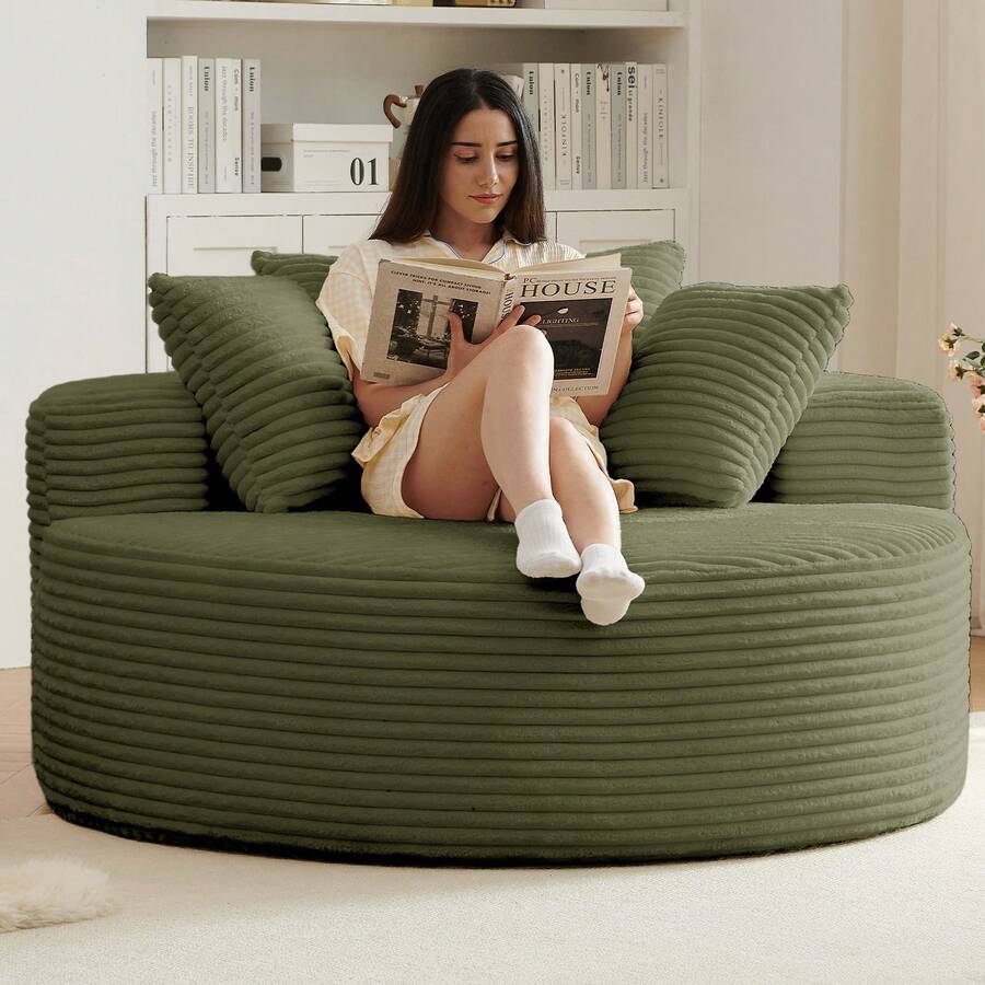 55"L Oversized Round Chaise Longue Chair Indoor, Corduroy Sponge Single Sofa, Oversized Round Chairs, Modern Sleeper Chair For Living Room,Projection Room, Wide Armrest Chairs Black - màu xanh lá - Xem 1