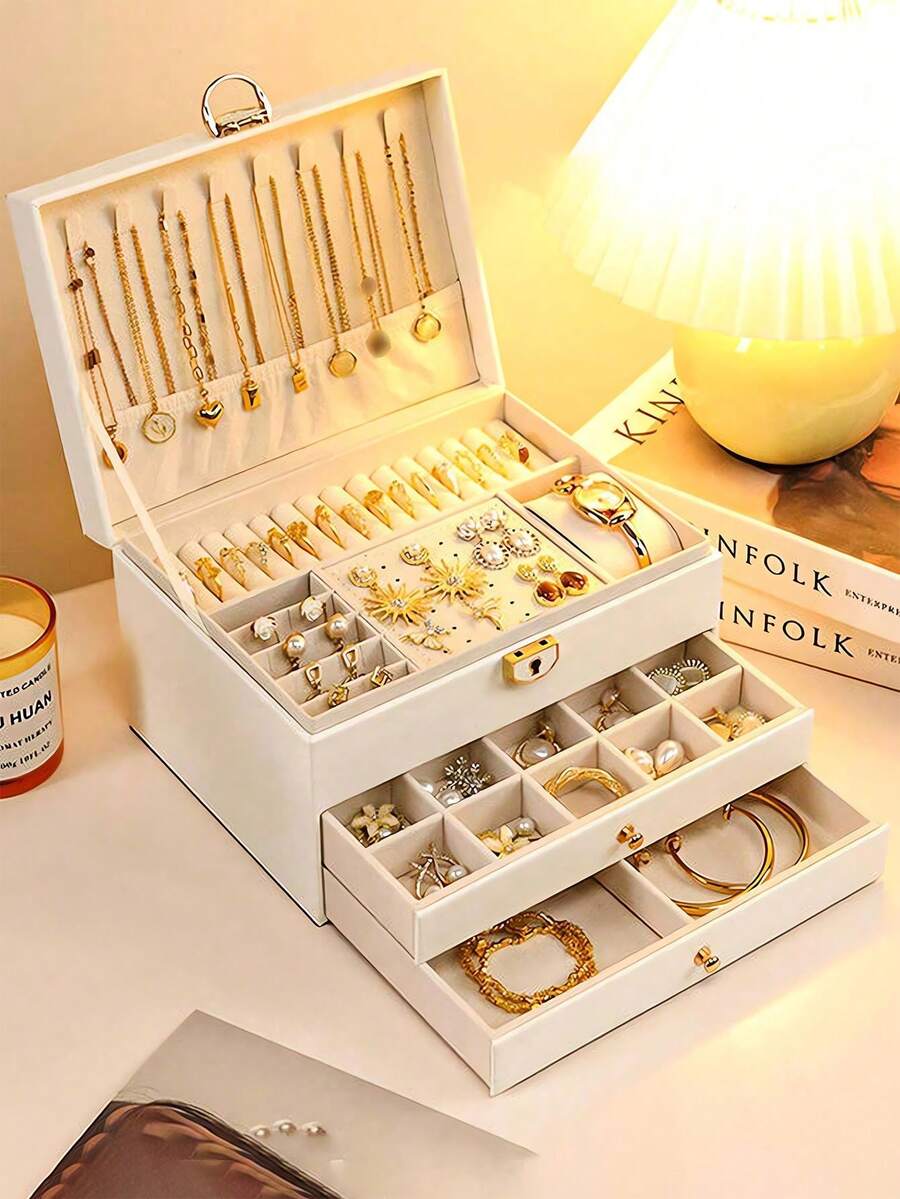1pc Large-Capacity Three-Layer Jewelry Box,[US-Based Shipping]Pu Leather Multi-Functional Jewelry Box, Watch Box With Lock, 3-Layer Large Capacity Jewelry Storage Box, For Earrings, Rings, Watches, Bracelets And Other Accessories, Organizing And Storing, Festival Gift For Delicate Friends, Double-Deck Lockable Jewelry Storage Container For Necklaces And Accessory Organizing,Portable Jewelry Storage Box With Multiple Layers And Drawers,Dresser Jewelry Storage Box With Drawer,Luxury Diamond-Shaped Multi-Layer Lockable Jewelry Box,Lockable For Necklaces,Valentine's Day Gifts For Women Elegant Gift Solution With Security Earring And Ring Organizer, Portable Durable,Exquisite Display Packaging Storage Container Back To School,Holiday Gift, Women's Gift, Christmas Gift.Ideal Gift For Loved Ones,Jewelry Jar,Jewelry Organzier,Jewlery Storage Oraganizer,Jewelry Dish,Jewelry Display,Joyero,Jewelry Boxes,Watch Case,Earring Holder,Desk Oraganizer,Drawer Organzier,Drawer Storage,Storage Orangizer - trắng - Xem 1