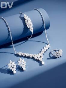 DV JEWELRY 5 件套女士奢华白金镀方晶锆石项链手链耳环开口戒指首饰套装，优雅新娘礼物，适合结婚周年派对 - 銀色 - 查看 7