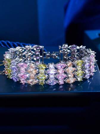 1件多色红绿马眼形锆石水晶大号宽版网球手镯，镀银立方氧化锆新娘首饰，适合婚礼、订婚、宴会、选美、派对、舞会等场合，送给女性、新娘、女友、妻子的礼物