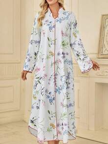 Women's Floral Allover Print Long Sleeve Abaya Modest Dress, Kaftan, Elegant Dresses For Women - Apricot - View 4