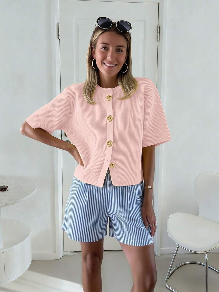 春夏女装时尚法式软蜡质感高端宽松针织开衫，女士短款休闲毛衣上衣 - 粉色 - 查看 1