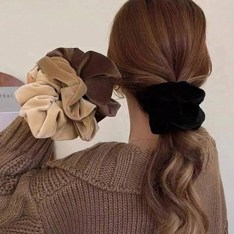 4PCS High-End Velvet Thick Scrunchies - 13cm/5.12in Women's Black/Beige/Brown Solid Color Hair Ties, Elegant Minimalist For Daily, Commute, Party & Vacation - 4PCS - 查看 1