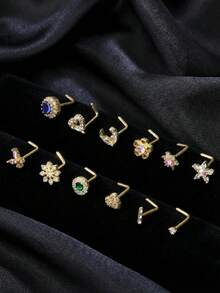 20G Pendiente en forma de L para la nariz, Anillo de nariz de acero inoxidable para mujeres con colgante de flor/corazón/mariposa/luna/estrella de circonita cúbica, Joyería de piercing de nariz