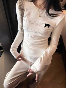 Round Neck Long Sleeve T-Shirt American Hot Girl, Spring And Autumn New Letter Print, Women's Short Slim Fit Top - White - View 1