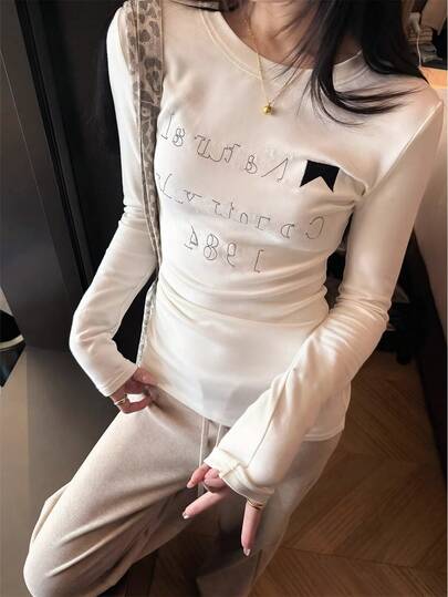 Round Neck Long Sleeve T-Shirt American Hot Girl, Spring And Autumn New Letter Print, Women's Short Slim Fit Top