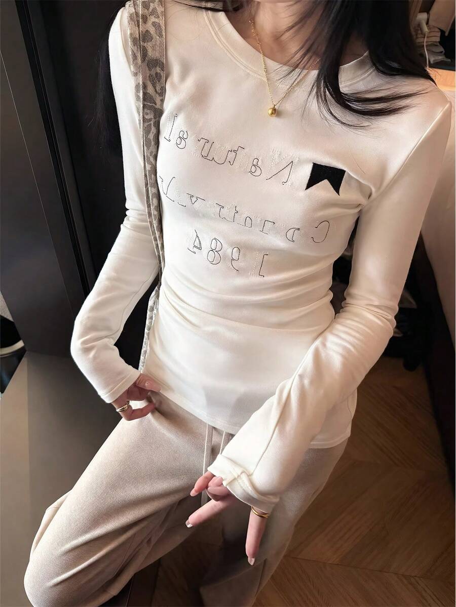 Round Neck Long Sleeve T-Shirt American Hot Girl, Spring And Autumn New Letter Print, Women's Short Slim Fit Top - White - View 1