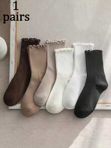 1/6 双（随机混合）优雅女士荷叶边袜子，时尚百搭韩式/日式中筒袜，适合休闲装，秋冬季 - 彩色 - 查看 8