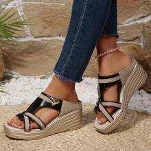 Women's Fashion Thick Bottom Wedge Heel Open Toe Hollow Flat Sandals - Black - View 4