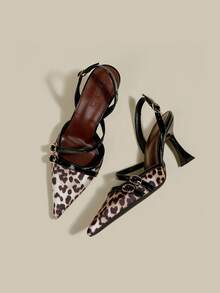 Women's Black Patent Leather Leopard Print Stiletto Heel Pointed Toe Closed Toe High Heels, Elegant Formal Fashion Party Sexy Office Buckle Strap Pumps - Black - View 2