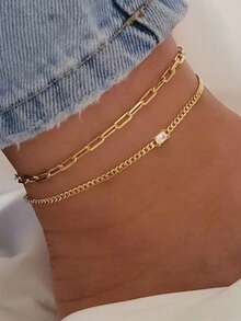 Nooxian 2pcs/Set Party Style Minimalist Sexy Gold Cross Chain & Bar Chain Layered Anklet With Square Sparkling Cubic Zirconia, Unique Original Women Foot Jewelry Gift - Yellow Gold - View 1