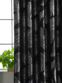 1pc Black Curtain With Silver Foil Leaf Design, Luxury & Fashionable Bestselling Curtain, Suitable For Home, Bedroom, Balcony - Black - View 3