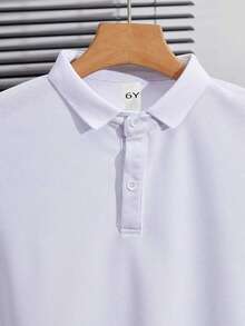 Camisa polo de manga corta para niños, estilo coreano de verano con cuello vuelto, camisa polo de estilo universitario, camisa polo de tejido piqué, camisa casual holgada con botones - Blanco - Ver 4