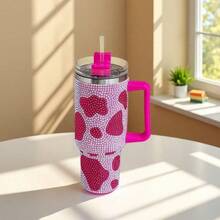 1PC,40oz Double-Layer Stainless Steel Vacuum Flask, Surface With Diamond Decoration, With Handle Straw, Suitable For Home And Travel Use, Can A Gift For A Partner, Friend Or Family Member - 40oz Rose Red Cow Pattern - View 1
