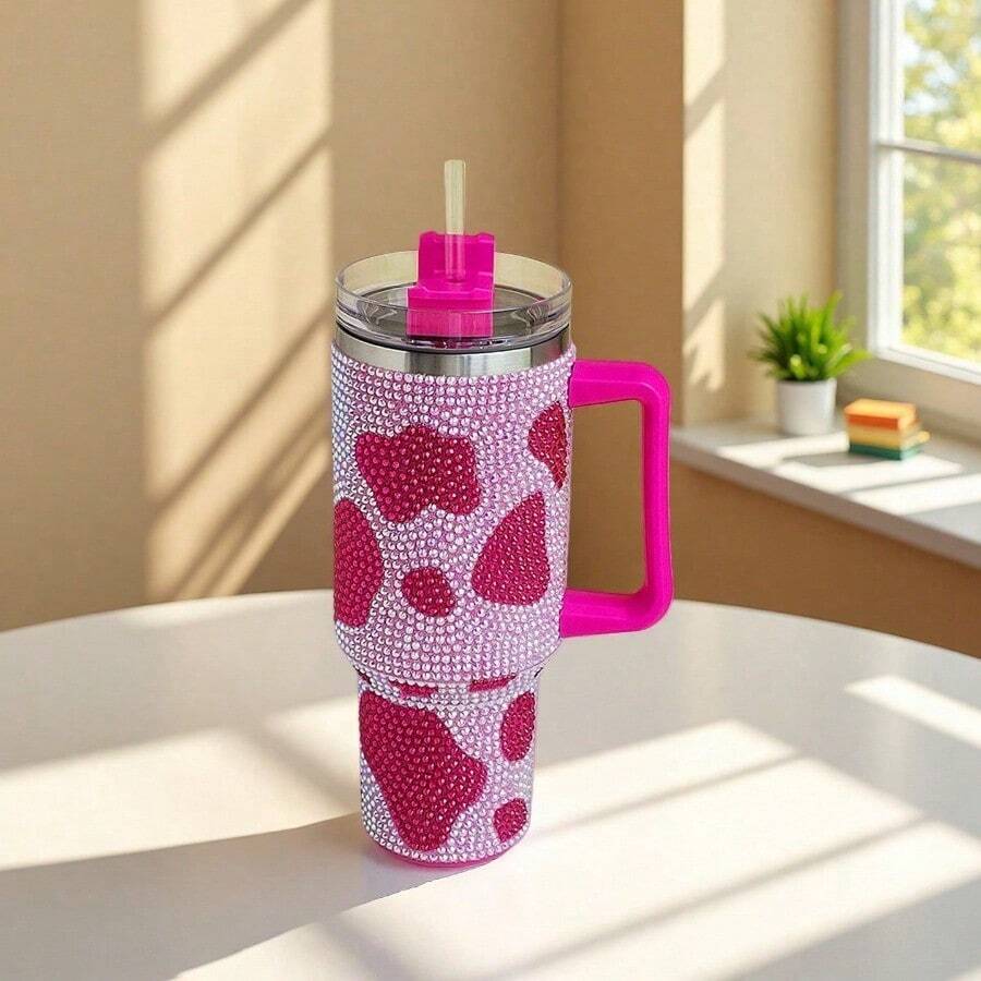 1PC,40oz Double-Layer Stainless Steel Vacuum Flask, Surface With Diamond Decoration, With Handle Straw, Suitable For Home And Travel Use, Can A Gift For A Partner, Friend Or Family Member - 40oz Rose Red Cow Pattern - View 1