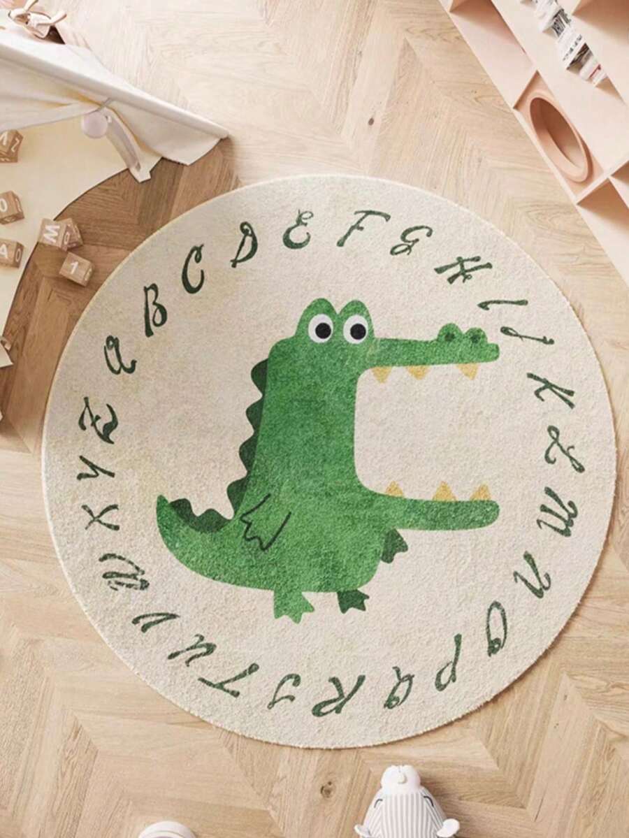 1pc Cartoon Crocodile & Letter Print Round Rug, Living Room Art Carpet, Animal Pattern Round Carpet, Living Room Art Mat, Home Decor, Round Rug, Suitable For Entryway, Stairwell And Transitional Spaces, Entrance Doormat, Stylish Design, Adds Unique Visual Effect - Soft, Washable, Applicable For Living Room, Bedroom, Study Or Balcony; Room Decor, Party Decor, Holiday Gift; Washable, Modern Style Rug Carpet Decor Carpet - Multicolor - View 1