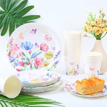 Juego de vajilla desechable con estampado floral, platos de 7/9 pulgadas, platos y vasos de papel desechables adecuados para fiestas, bodas, compromisos, cumpleaños, celebraciones y eventos - Multicolor - Ver 1