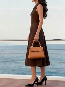 女士春夏法式优雅连衣裙，简约时尚，复古风格，职业办公装，无袖V领修身A字连衣裙，单排扣侧袋，中长裙 - 棕色 - 查看 4