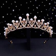 1pc Elegant Women's Headband Hair Accessory, Large Crystal Adorable Crown Rhinestone Headpiece - Pearl - View 3