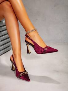 Women's Bestselling Burgundy Velvet Metal Buckle Pointed Toe High Heel Shoes, Thin Heel Backless Vintage Party Pumps - Burgundy - View 5