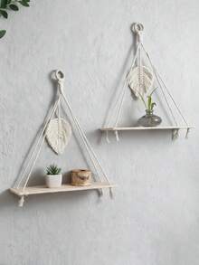 1/2 chiếc kệ treo tường đan thủ công - Kệ gỗ treo tường phong cách Bohemian, trang trí bằng hạt gỗ, kệ để cây treo mộc mạc, thích hợp cho phòng ngủ, phòng khách, ký túc xá, phòng trẻ em. - Màu be - Xem 7