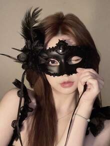 1件蕾丝半脸面具，性感化装舞会妆容面具，万圣节羽毛面纱 - 彩色 - 查看 6