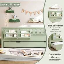 FUNIDEE Full Size Platform Bed With Trundle, Platform Bed Frame With Built-In Bookshelves And Rounded Small Staircase, Bed Frame With Guardrails For Kids - Bơ xanh - Xem 6