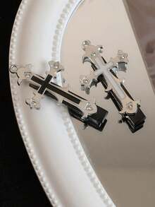 2 Pcs Women's Y2K Rhinestone Cross Alligator Hair Clips -  Streetwear Hair Accessories, Sparkly Barrettes For Hairstyle Decoration - Black and White - 查看 3