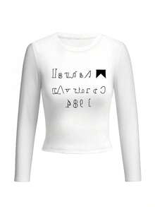Round Neck Long Sleeve T-Shirt American Hot Girl, Spring And Autumn New Letter Print, Women's Short Slim Fit Top - White - View 3