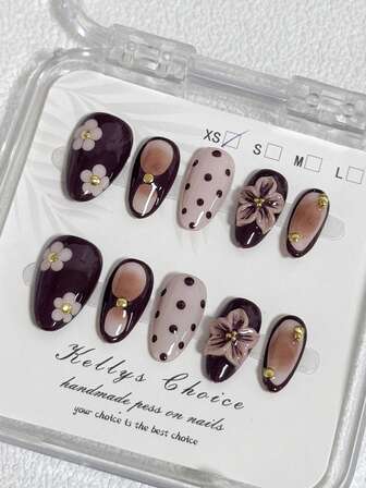 10 piezas Decoraciones de arte de uñas vintage elegantes con estilo Ins, pintadas a mano en marrón con flores y lunares, con relieve 3D en forma de almendra corta