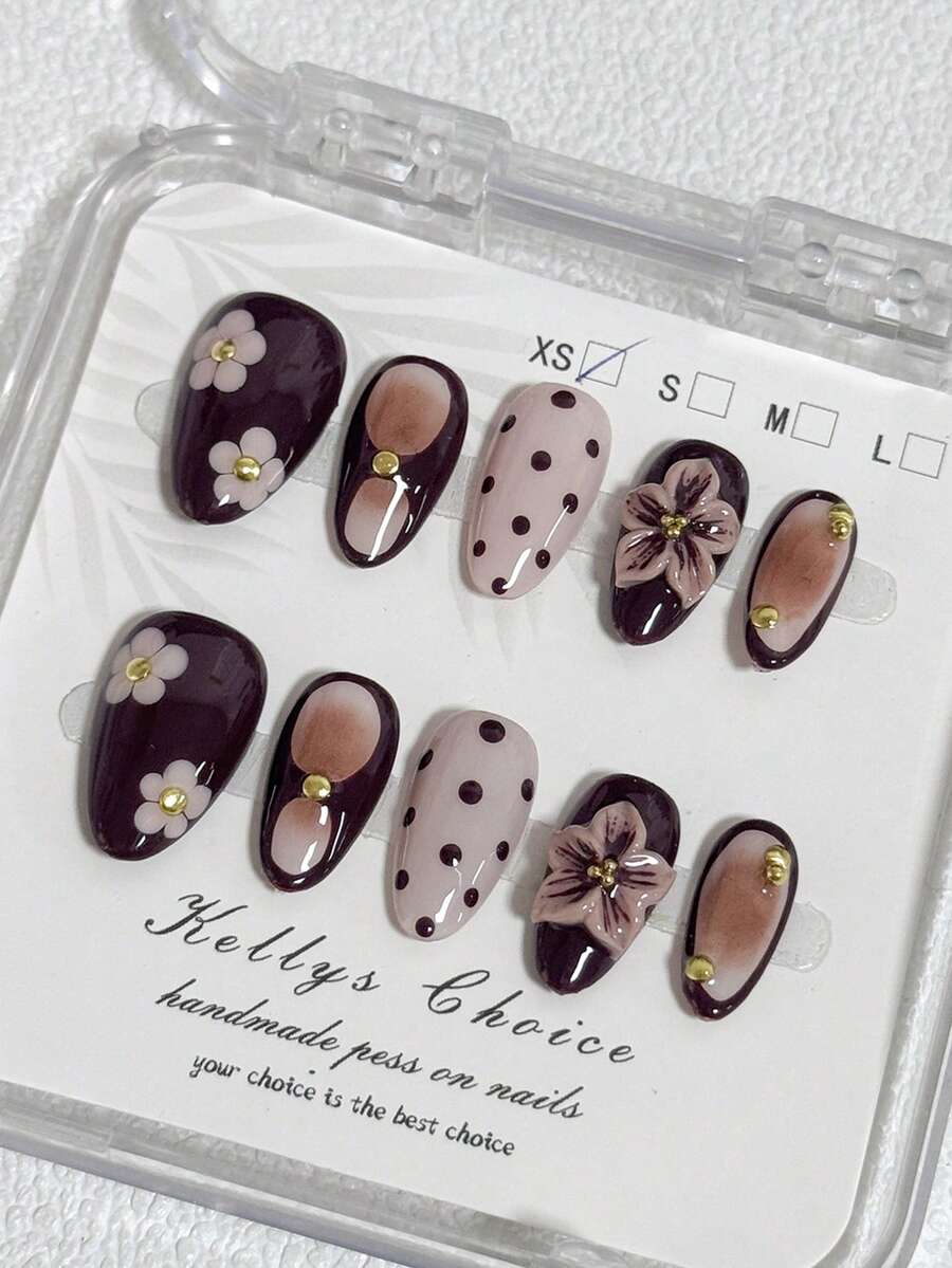 10片复古优雅时尚手绘棕色花卉波点3D立体压纹短杏仁美甲装饰贴片，美甲用品，手工按压式美甲贴片 - 棕色 - 查看 1