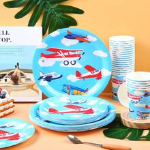 蓝天飞机一次性餐具套装，7/9英寸派对餐盘，一次性纸盘和纸杯，适用于节日、婚礼、订婚、生日、派对、庆祝活动 - 彩色 - 查看 4