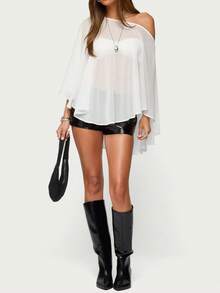 Lightweight Sheer Poncho Top For Women See Through Shawl Shrug Top Y2k Asymmetric Mesh Off Shoulder Summer Beach Cover Ups - 白色 - 查看 4