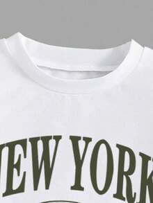 Girls Letter Print Short Sleeve Top And Skirt Set - Army Green - View 4