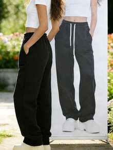 2025 Solid Color Casual Comfortable Drawstring Waist Pants, Versatile And Breathable Black Spring - Black - View 9
