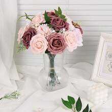 [Free Shipping]Artificial Flowers Combo Dusty Pink White Roses With Stems Leafs Bouquets Bridal Wedding Shower Decorations Fake Floral For Party Table Centerpieces - 葡萄酒 - 查看 6