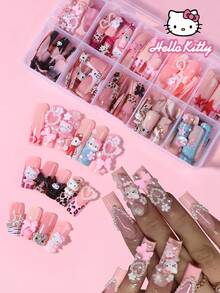 Sanrio Hello Kitty 240片裝（10款混色）中號正方形豹紋法式穿戴甲，附可愛3D Hello Kitty與Kuromi、蝴蝶結、愛心與珍珠設計，完美貼合壓克力假指甲套組，含1片果凍膠與1個指甲锉 - 彩色 - 查看 8