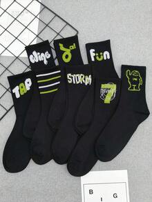1/5/10 Pairs Random Men's Street Letter & Stripe Pattern Socks, Black & White Mid-Calf Socks, Long Socks For Couples - Black - View 12