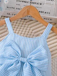 Conjunto de vestido de tirantes a rayas azul y blanco para niña, con gran lazo decorativo y bolso a juego, con volantes, fresco y dulce - Azul - Ver 5