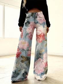 Women'S High-Waisted Stretch Jeans With 3D Floral Print (Pink & White Flowers) - Retro Loose-Fit Flare Leg, Long Length Winter Warmth, Beltless Design & Button Closure, Comfortable Washed Denim For Casual & Semi-Formal Outfits - Autumn/Winter Fashio - 彩色 - 查看 1