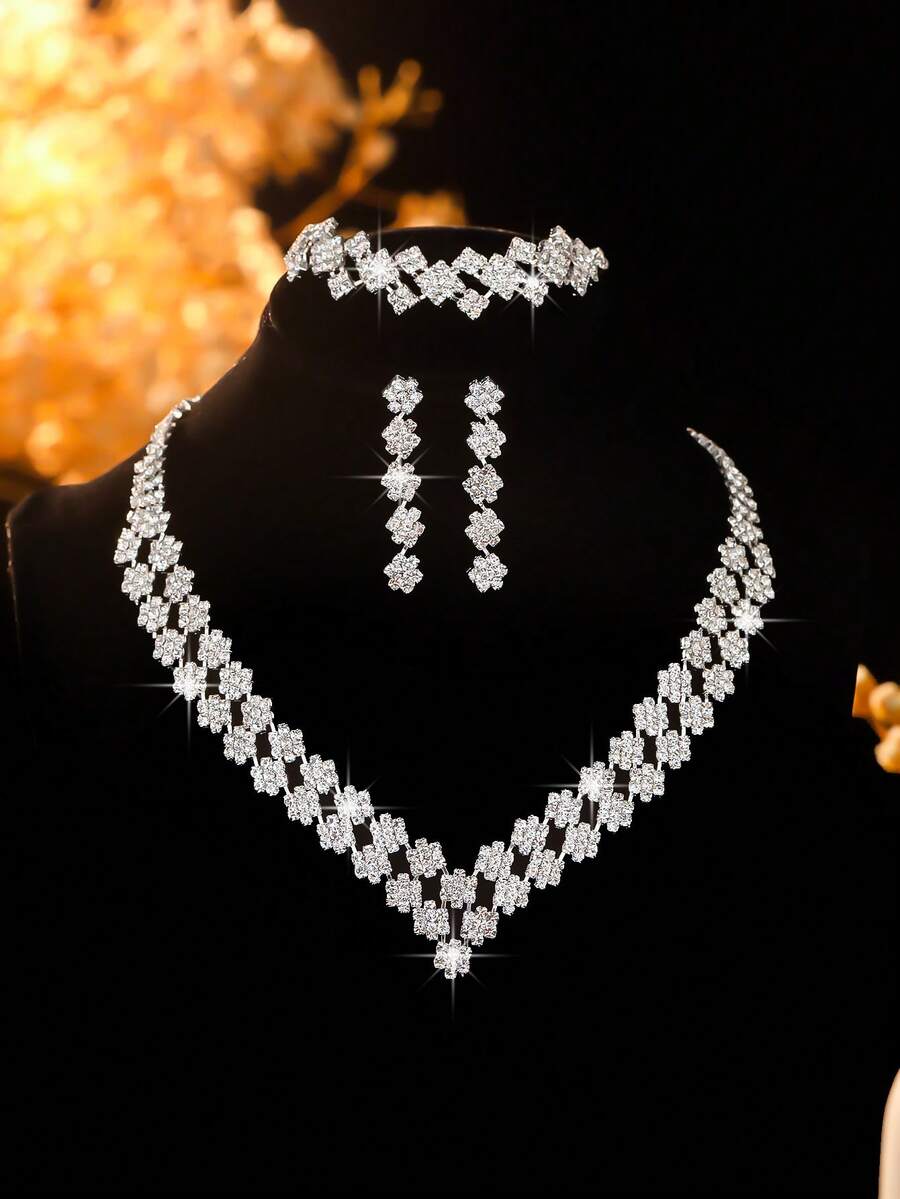 4pcs Luxury Rhinestone Geometric Double Layer Necklace, Earrings, Bracelet Jewelry Set, Elegant Fashion Accessories Suitable For Women's Daily Commute, Wedding, Party - Silver - View 1