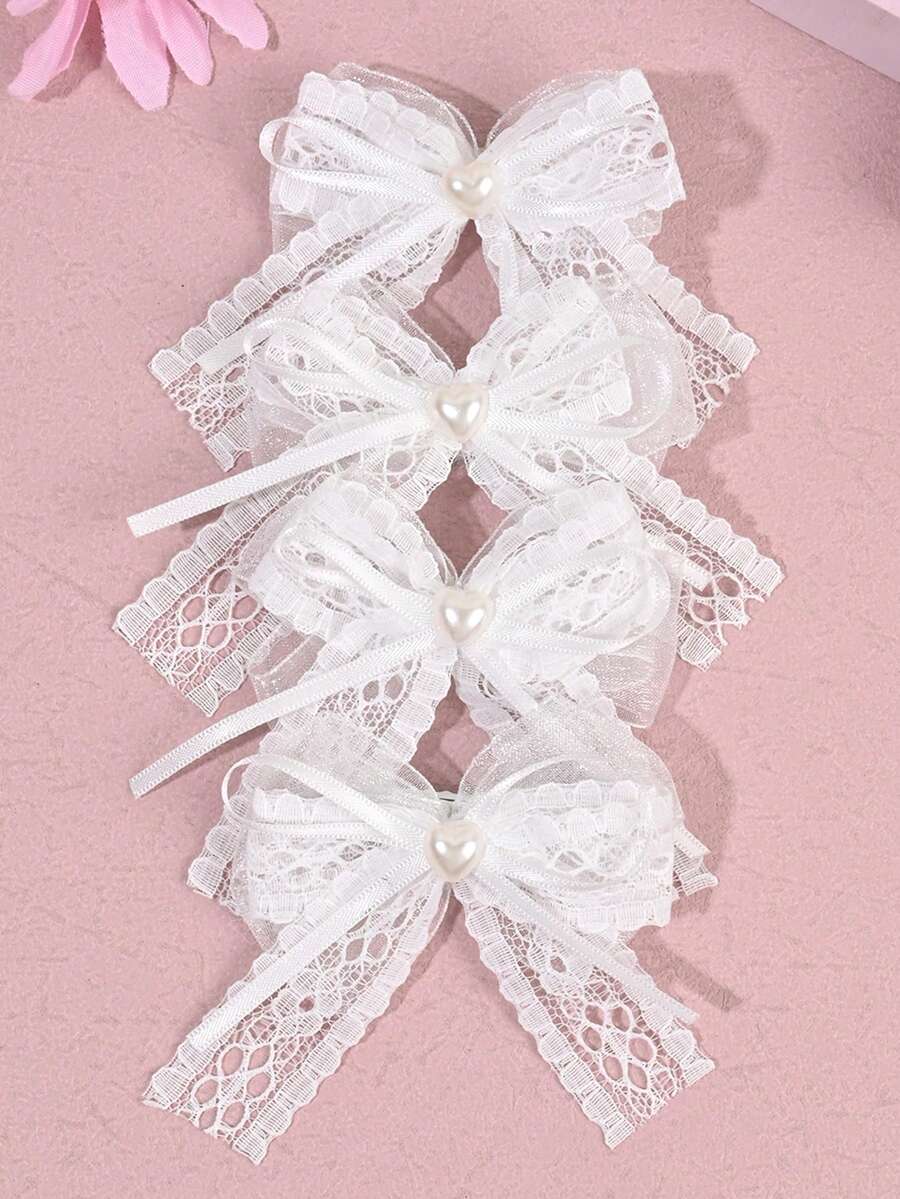 4 Stück Perlen Spitze Mesh Haarbögen für Mädchen, einfarbige Spitze Haarstyling Clips, elegante Perlen Haarclips, süße lässige Haarspangen, Mädchen Geschenke, Haarnadeln, Teenager Haarzubehör - Weiss - Übersicht 1