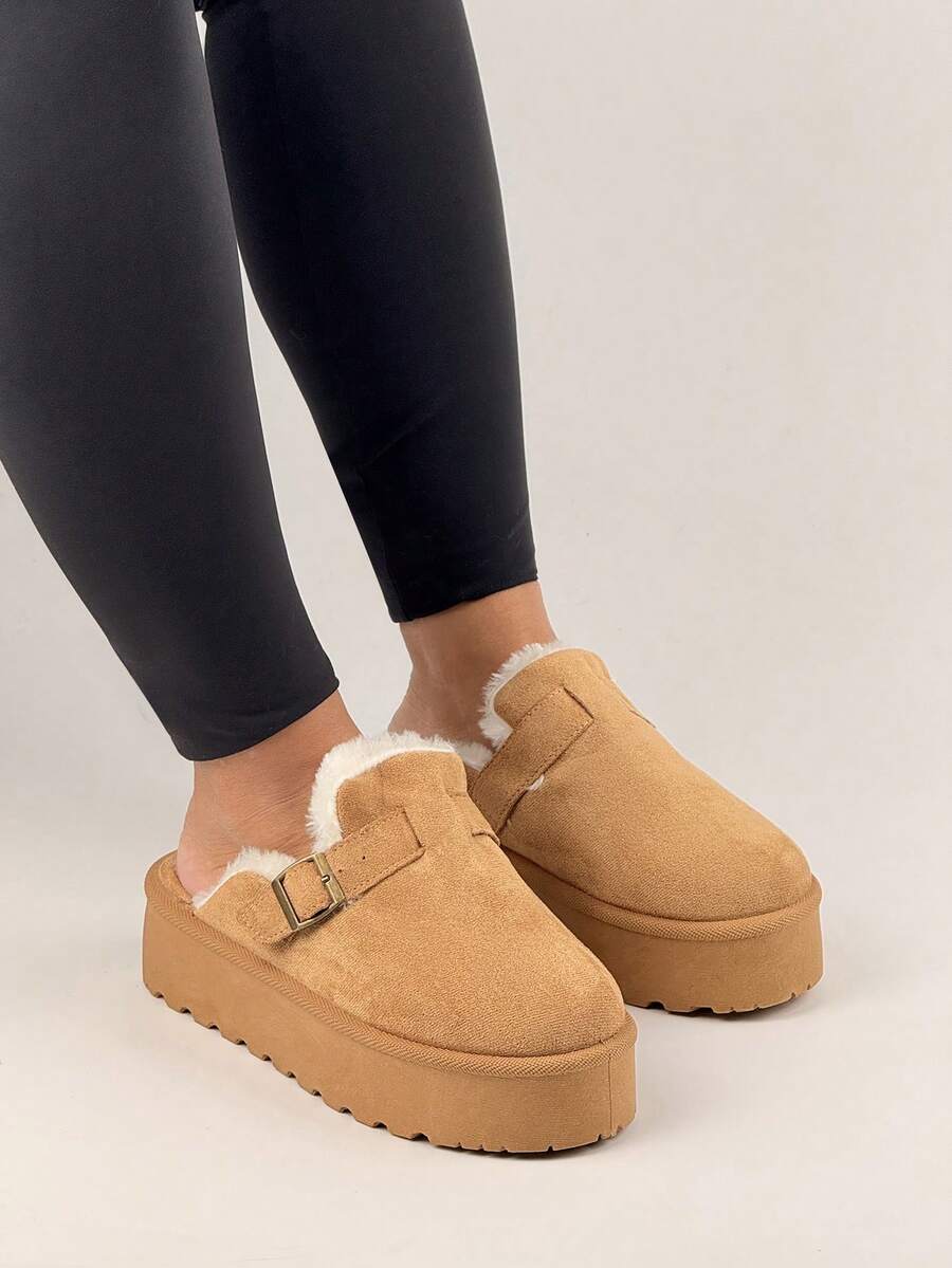 Women's Thick Sole Closed Toe Slippers With Retro Buckle, Warm Thermal Lined Mule Shoes For Winter - Camel - View 1