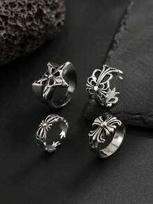 4pcs/Set Gothic Punk Cross Rings, Personalized Geometric Metal Knuckle Rings, Unisex, Holiday Gift - Antique Silver - View 5