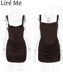 Liré Me Sexy Ruched Sleeveless Bodycon Mini Dress With Tie-Up Details, Perfect For Valentine's Day Dates, Concerts, And Cocktail Parties - 棕色 - 查看 5