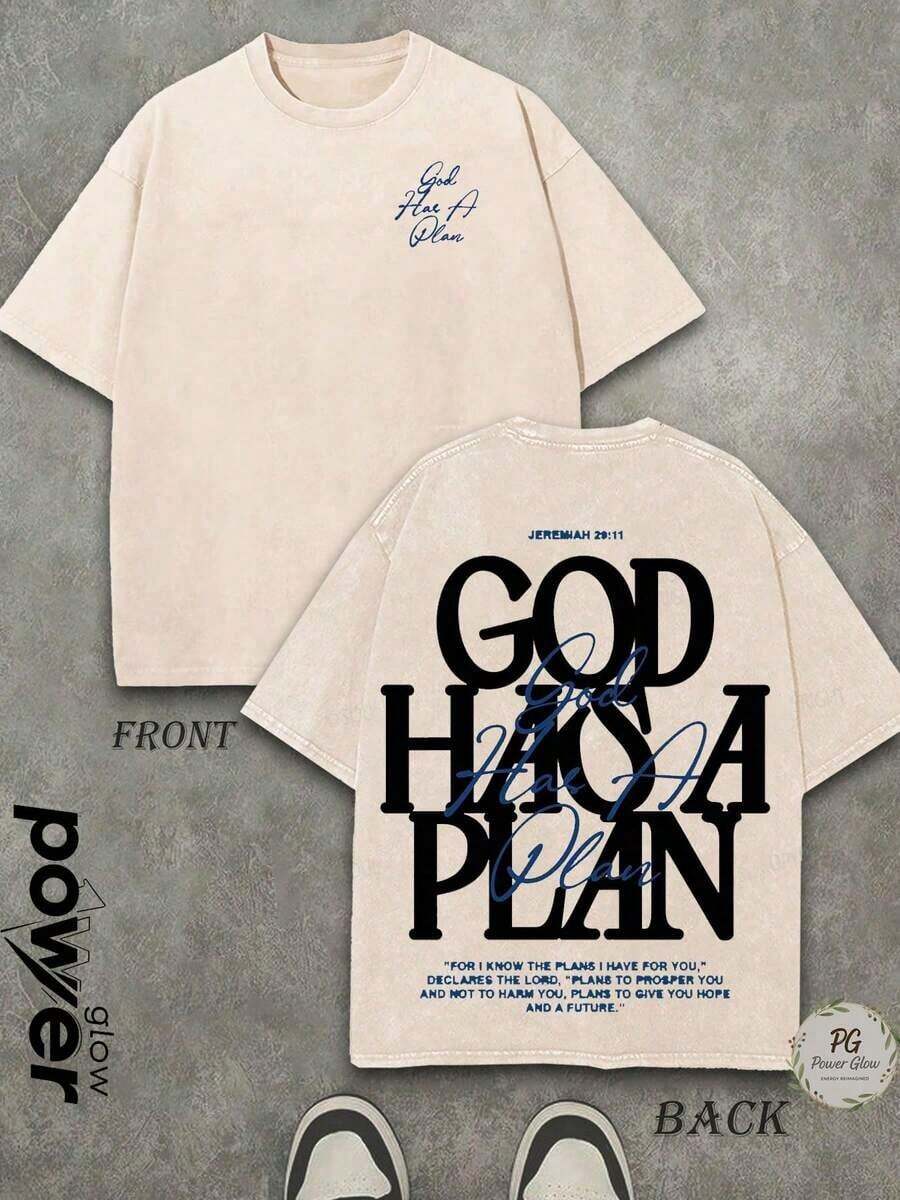 Jesus Tee God Has A Plan Graphic Tee Double-Sided Print Washed T-Shirt Holiday Gifts Y2K Men's Graphic Tees, 230G Cotton T - Shirts,100% Pure Cotton - 杏色 - 查看 1