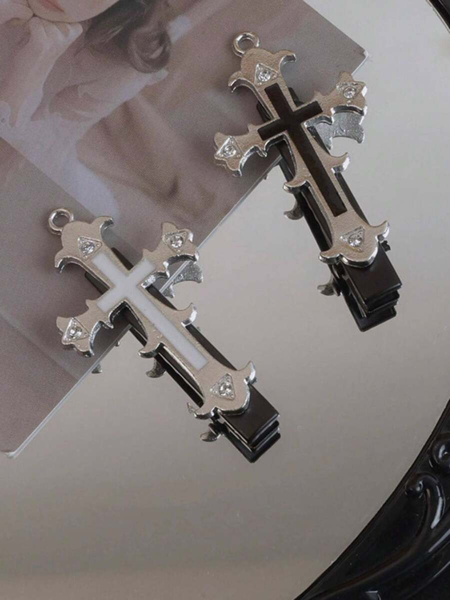2 Pcs Women's Y2K Rhinestone Cross Alligator Hair Clips -  Streetwear Hair Accessories, Sparkly Barrettes For Hairstyle Decoration - Black and White - 查看 1