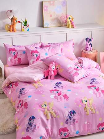 MY LITTLE PONY 2/3件套小马宝莉床上用品套装，可爱卡通图案，透气亲肤，柔软抗起球，家用纺织品，房间装饰，包含1个被套和1/2个枕套，不含被芯，适用于单人床/双人床/大号床/特大号床，四季皆宜，多种尺寸可选，可机洗，优雅礼品，粉色