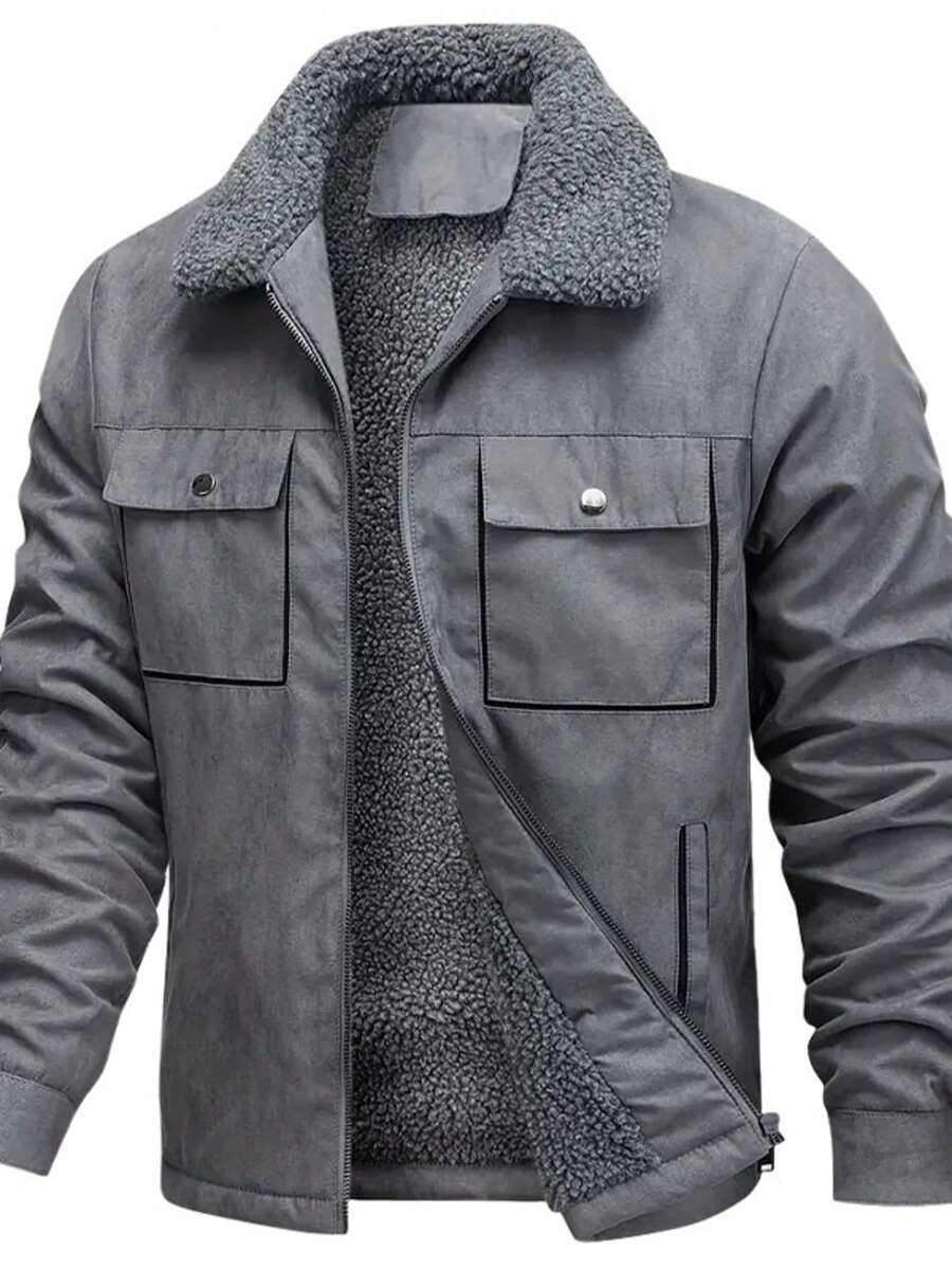 Men's Suede Jacket With Fleece Lining, Autumn/Winter, Thick, High-Quality Jacket - Xám - Xem 1